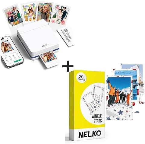 Nelko Photo Printer, PP01 Color Mini Photo Printer, Instant Smartphone Inkjet Sticker Printer for iOS & Android, Sticky-Back Photos, Picture Printer with 20 Sheets Twinkle Star Photo Paper, White