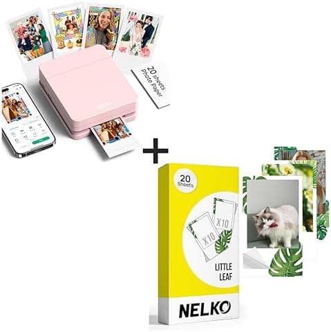 Nelko Photo Printer, PP01 Color Mini Photo Printer, Instant Smartphone Inkjet Sticker Printer for iOS & Android, Sticky-Back Photos, Picture Printer with 20 Sheets Little Leaf Photo Paper, Pink