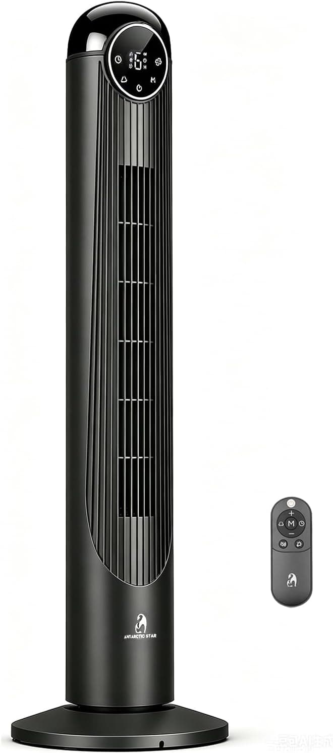 Antarctic Star 42" Tower Fan for Bedroom, 90° Oscillating Standing Floor Fan, 6 Speeds 4 Modes, 27 ft/s High Velocity, 9H Timer with Remote, Portable Cooling Fan Living Room Office, Black