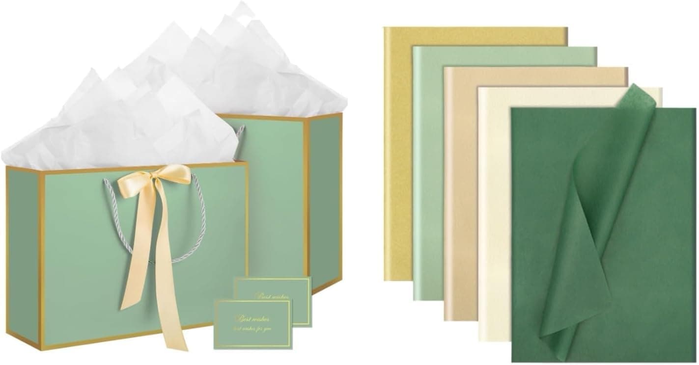 woric Sage Green Gifts Set 2 Pack Sage Green Gift Bags with 124 Sheets Tissue Paper for Wedding Baby Shower Birthday