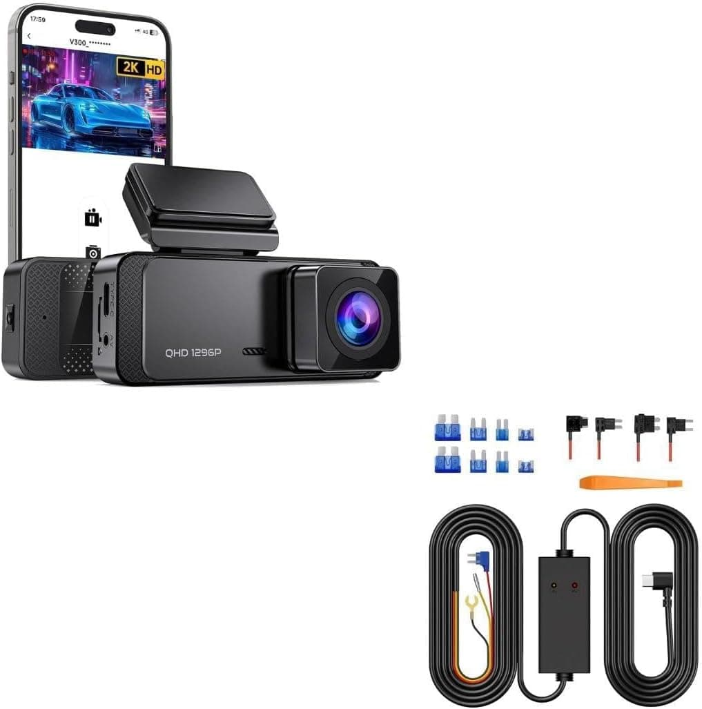 Dash Cam 1296P Front Dashcam, V300 WiFi Dash Camera for Cars with App, Night Vision, Mini Hidden Single Car Camera, Loop Recording, 24H Parking Mode With Veement 11.5ft Type-C Dash Cam Hardwire Kit (V