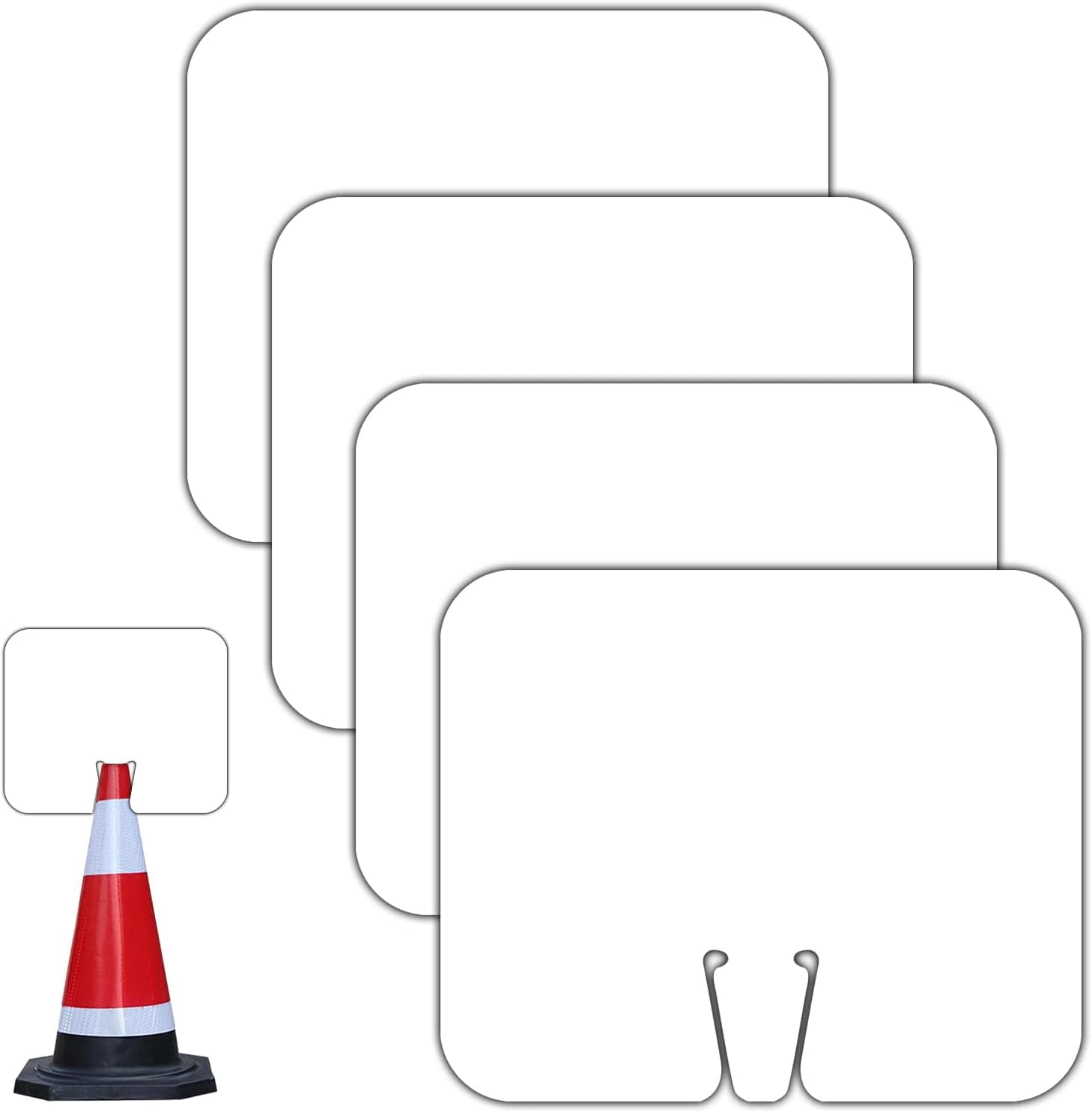 4 Pcs Blank Traffic Cone Signs, 12.6 * 10.4 Inch PVC Cone Top Sign, Blank Write-On Traffic Sign, DIY Plastic Warning Signs for Road Barricade Construction Warning (White, Both Sides)
