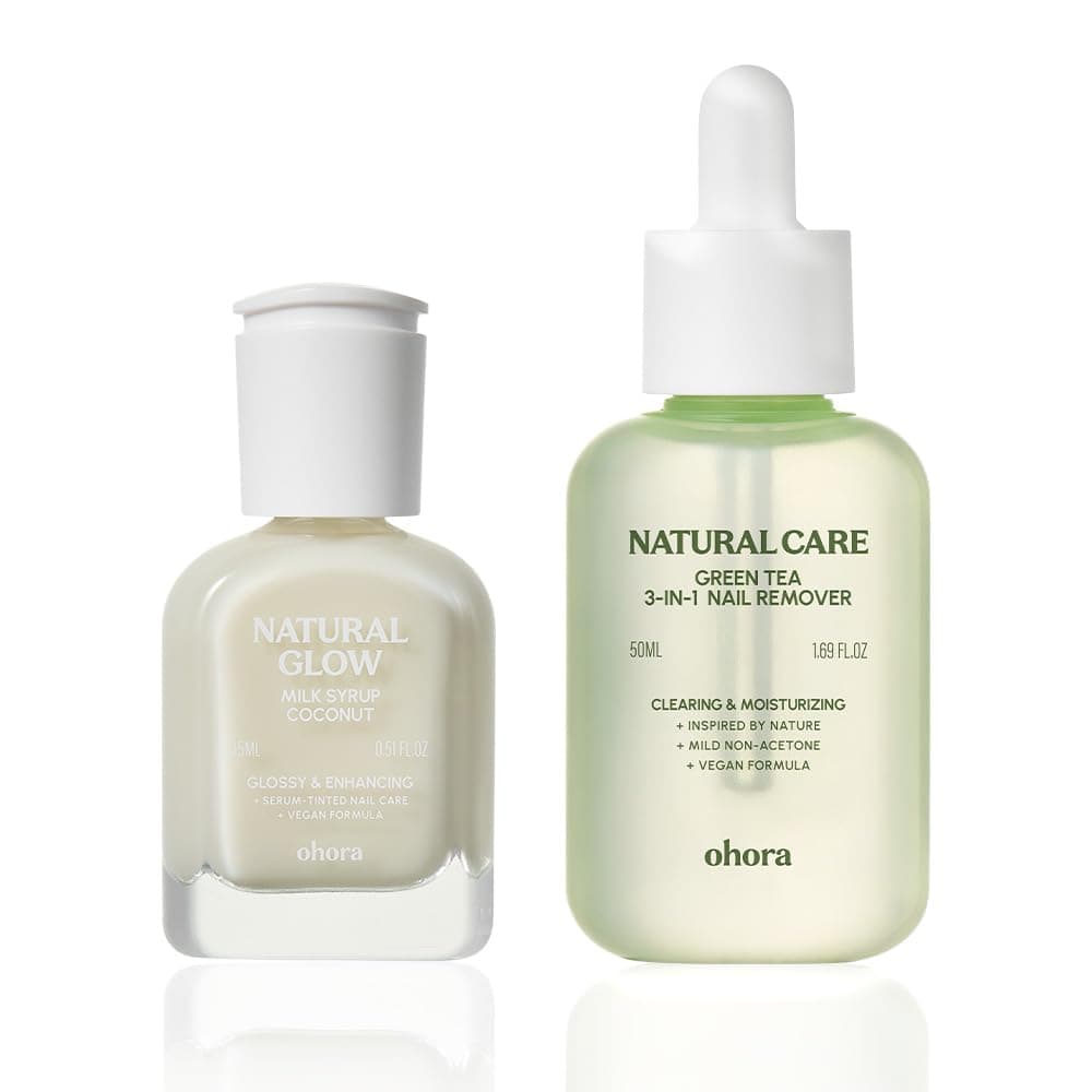 ohora Nail Recovery Duo - Restore & Strengthen Brittle Nails - Includes Natural Glow Milk Syrup Nail Strengthener 15mL (Coconut) & Green Tea 3-in-1 Remover 50mL for Healthy, Shiny Nails
