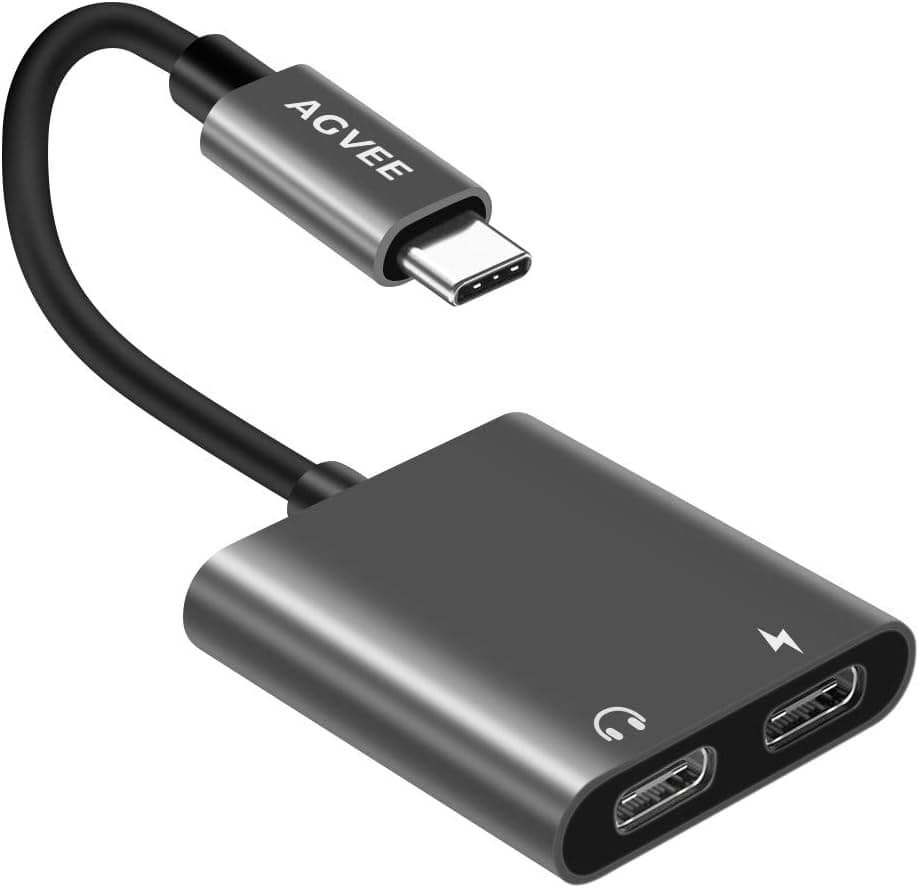 AGVEE Dual USB-C Headphone & Charging Adapter, Type-C Earbud Splitter, Duo USBC Audio & Charger Jack Earphone Dongle for Samsung S21 S20 FE 5G Ultra, Note 20 10, iPad Pro, Pixel 2 3 4 5 XL, Gray