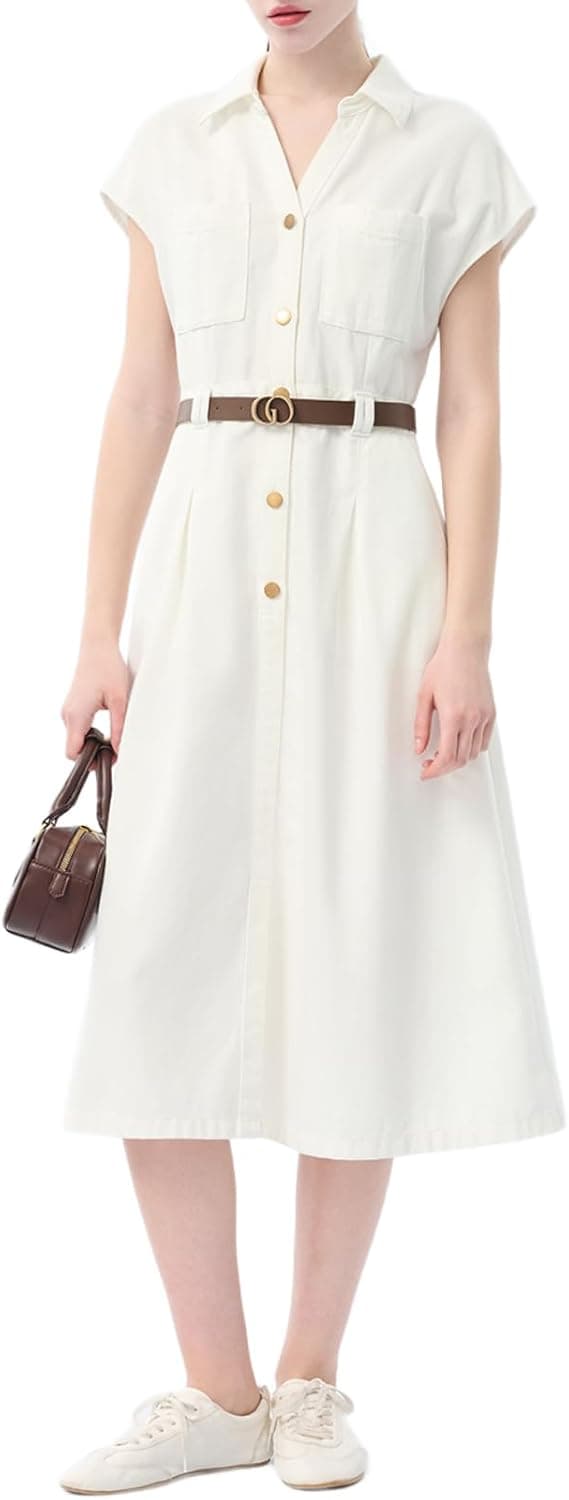 GOELIA Women's Denim Dress Summer Casual Denim Shirt Dress A-line Jean Dress with Belt for Wedding Guest Beach Vacation