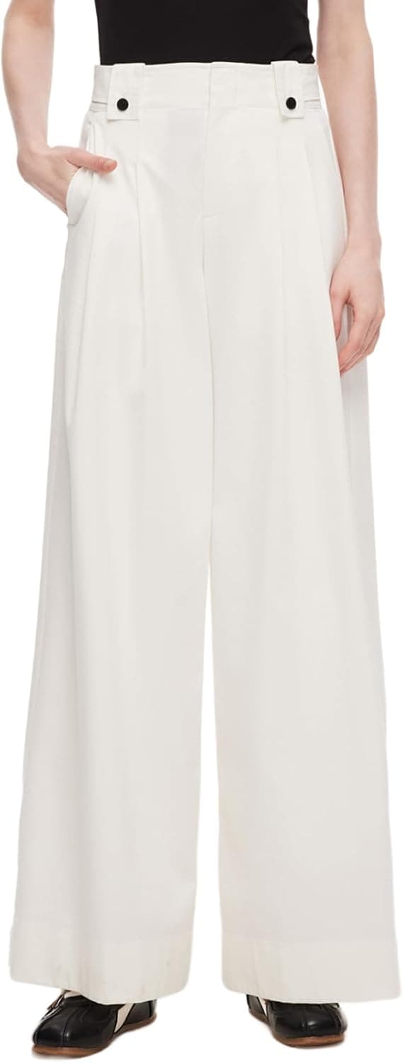 GOELIA White High Waist Pleated Wide Leg Denim Pants Contrast Button Adjustable Ankle Cuff Casual Office White Jeans