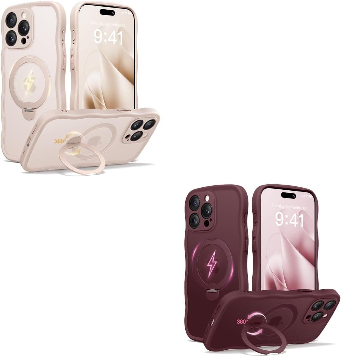 CAPRARO for iPhone 15 Pro Case with Stand Compatible with Magsafe Rose Gold and Wine Red Bundle