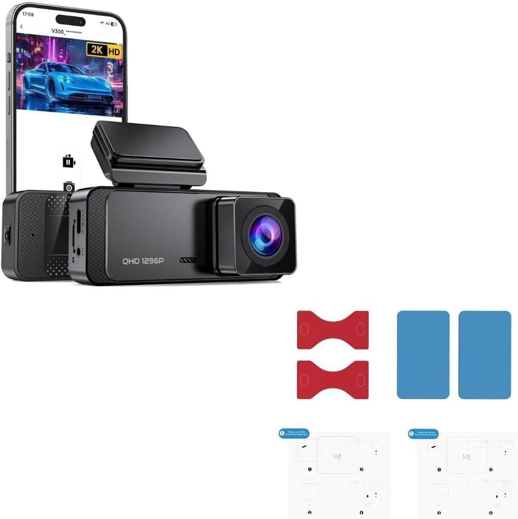 Dash Cam 1296P Front Dashcam, V300 WiFi Dash Camera for Cars with App, Night Vision, Mini Hidden Single Car Camera With Veement Dash Cam Mount, 3M Double-Sided Adhesive Pad & Electrostatic Sticker Set