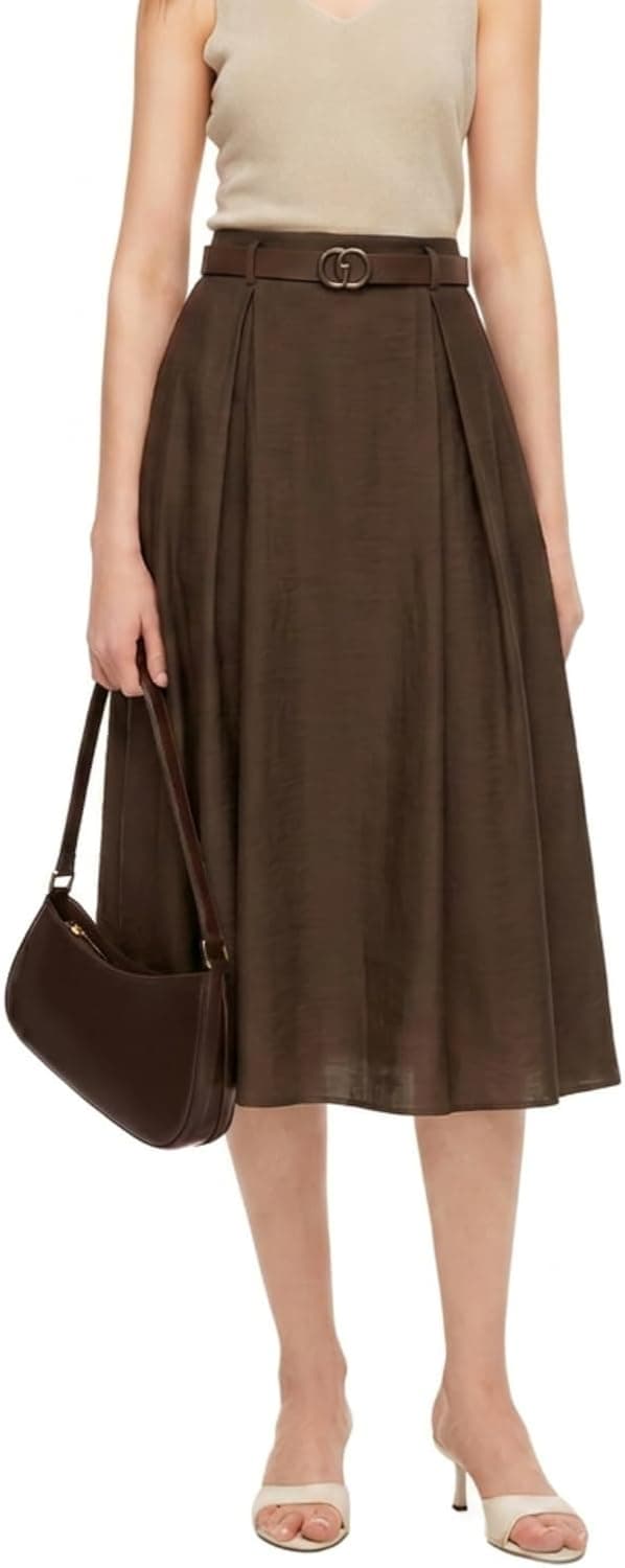 GOELIA Women's A-Line Midi Skirt with Belt, Summer Tencel Acetate Linen Blend Pleated Side Pockets Work Casual Wedding Guest