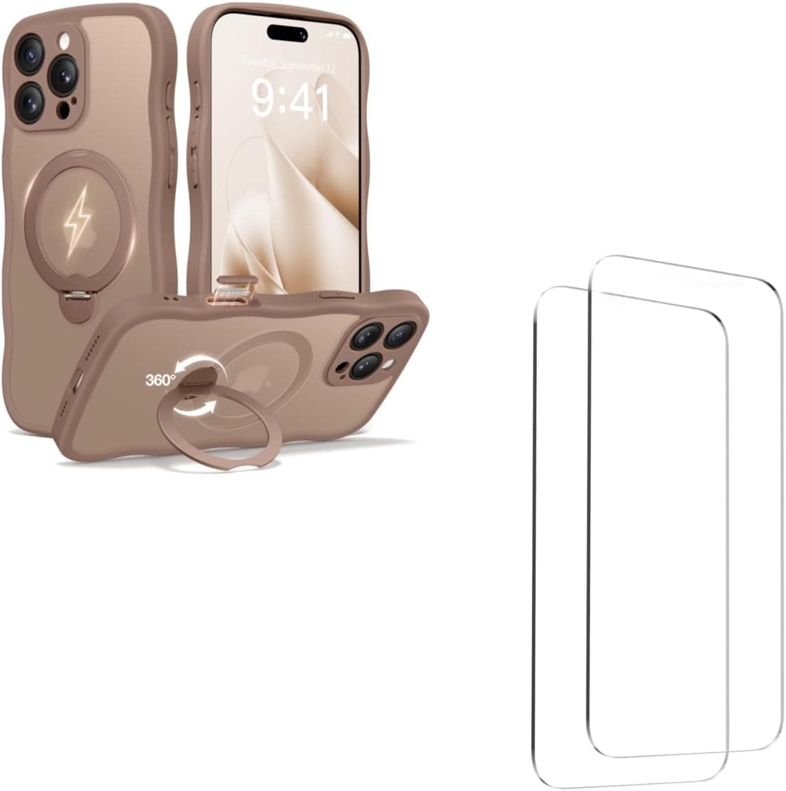 CAPRARO for iPhone 16 Pro Case Stand Brown with 2X Screen Protectors Bundle