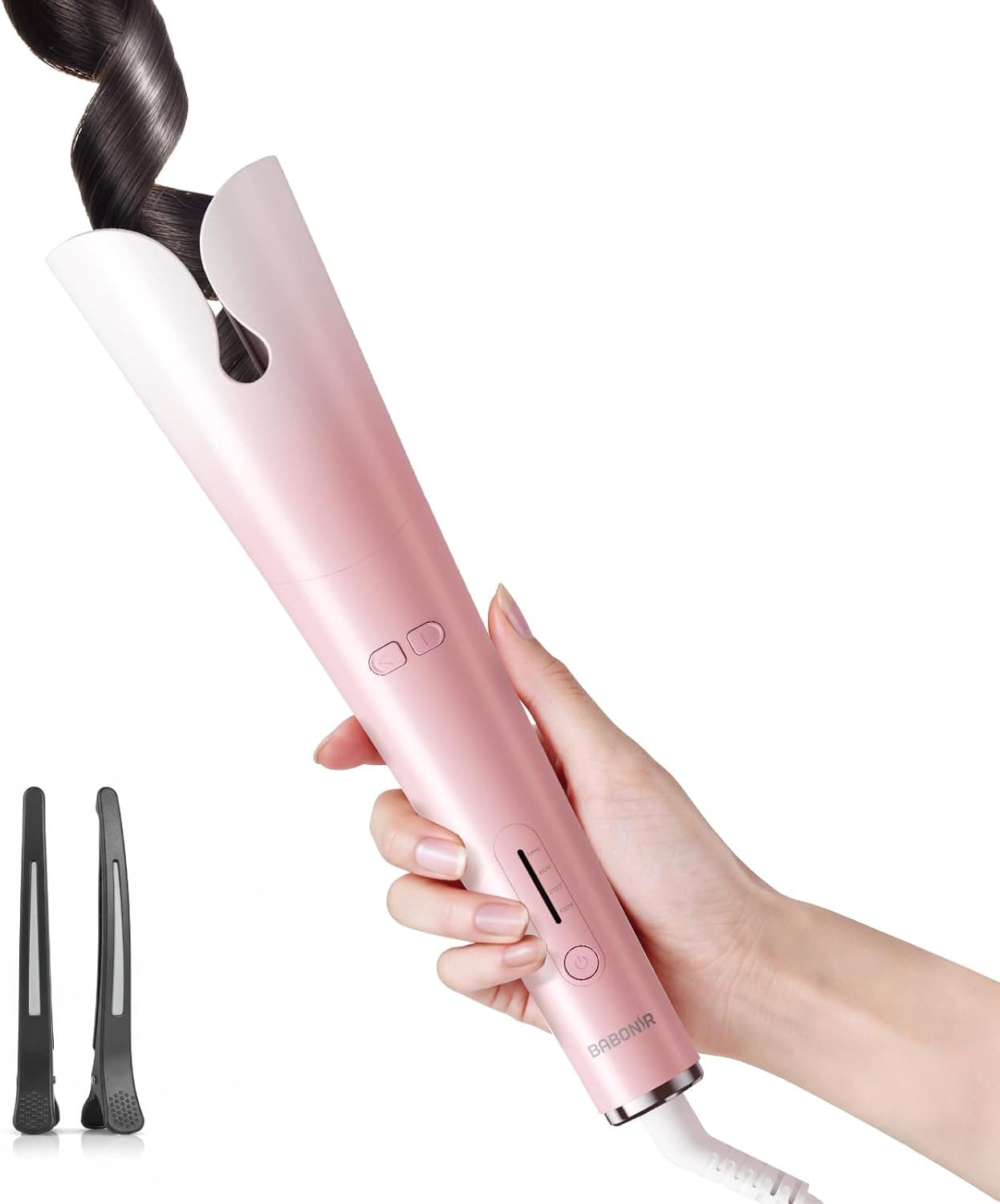 Automatic Curling Iron with 500 Million Ionic, BABONIR 1.25'' Ceramic Rotating Curling Wand with 3 Heat & 2-Way Rotation, Anti-Scald Lightweight Hair Curler, Dual Voltage for Travel, Champagne
