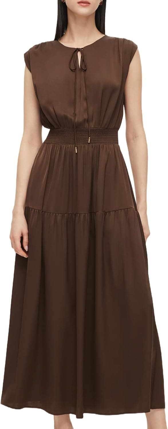 GOELIA Dresses for Women 22MM Mulberry Silk Smocked Waist Maxi Dress Cap Sleeve Side Pockets Elegant Summer Casual Party