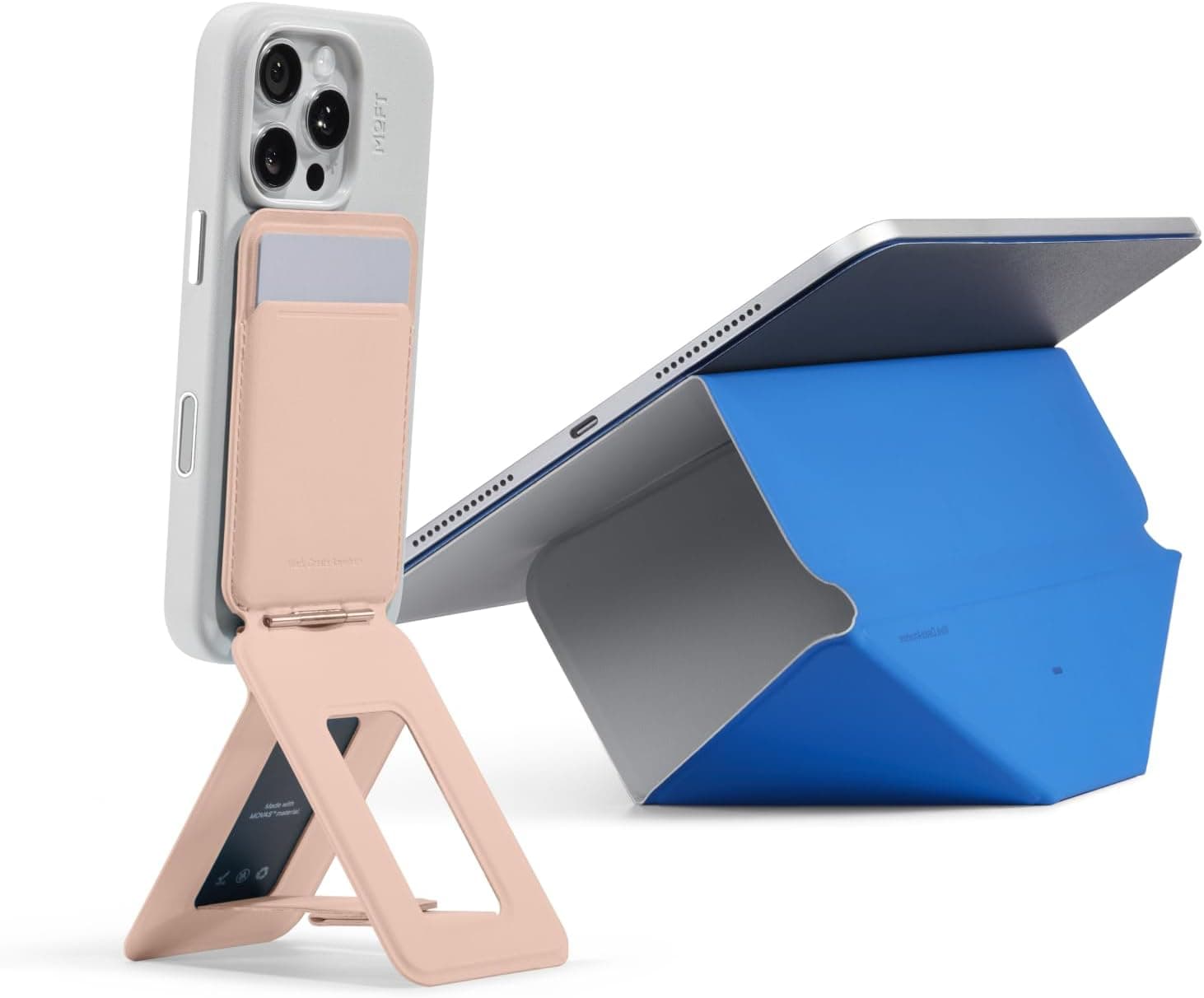 MOFT Dynamic Folio Case for iPad mini Cement x Sapphire & Phone Tripod Stand, MagSafe Wallet Tripod Stand, NFC-Supported Phone Wallet Peach Pink