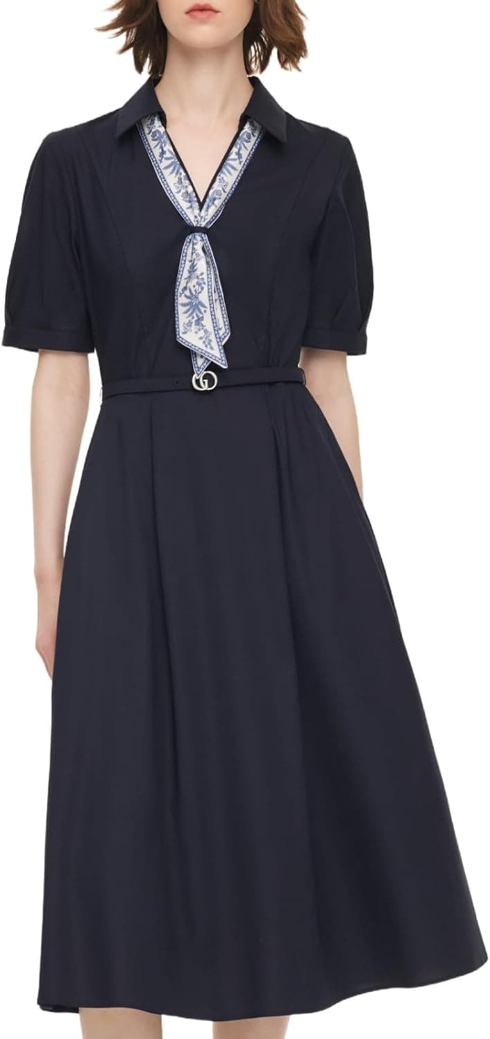 GOELIA Women's Casual Summer Dress Short Sleeve Classic V Neck Midi Dress Linen Blend Formal Dresses