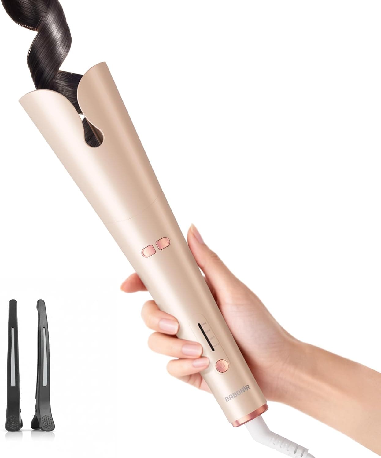 Automatic Curling Iron with 500 Million Ionic, BABONIR 1.25'' Ceramic Rotating Curling Wand with 3 Heat & 2-Way Rotation, Anti-Scald Lightweight Hair Curler, Dual Voltage for Travel, Champagne