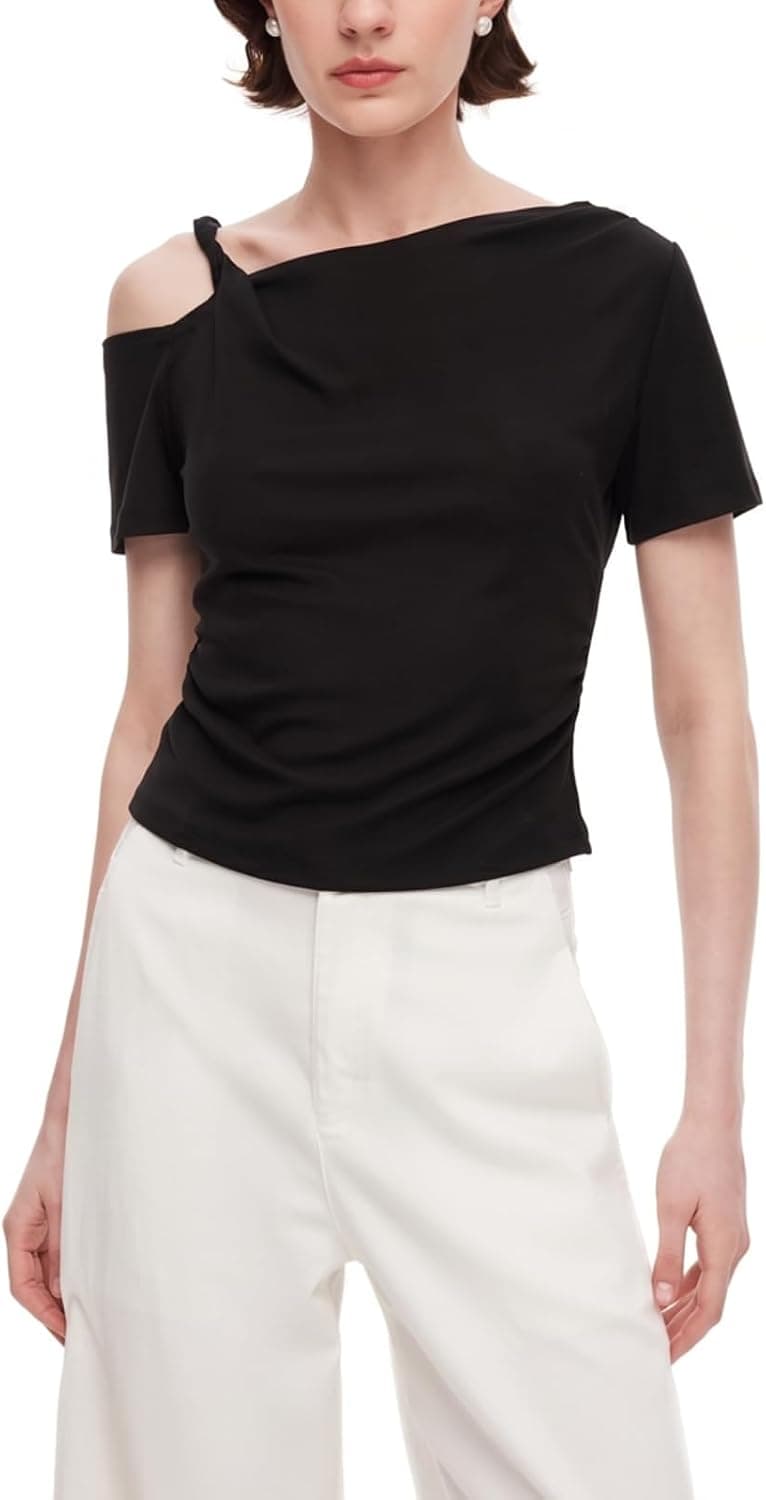 GOELIA Women's Asymmetric Off Shoulder Knit Top Summer Tencel Stretch Short Sleeve Fitted Tee Shirts Casual Going Out Tops