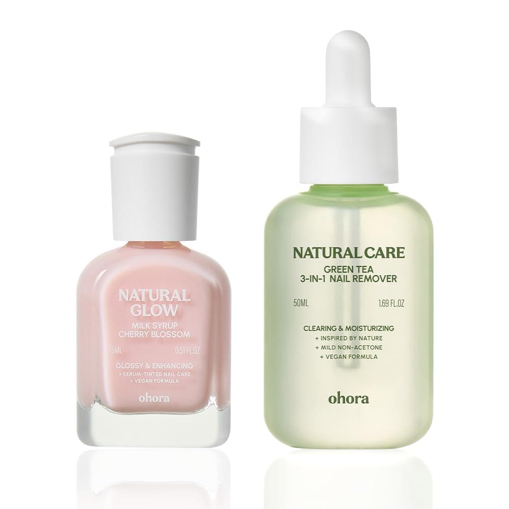 ohora Nail Recovery Duo - Restore & Strengthen Brittle Nails - Includes Natural Glow Milk Syrup Nail Strengthener 15mL (Cherry Blossom) & Green Tea 3-in-1 Remover 50mL for Healthy, Shiny Nails