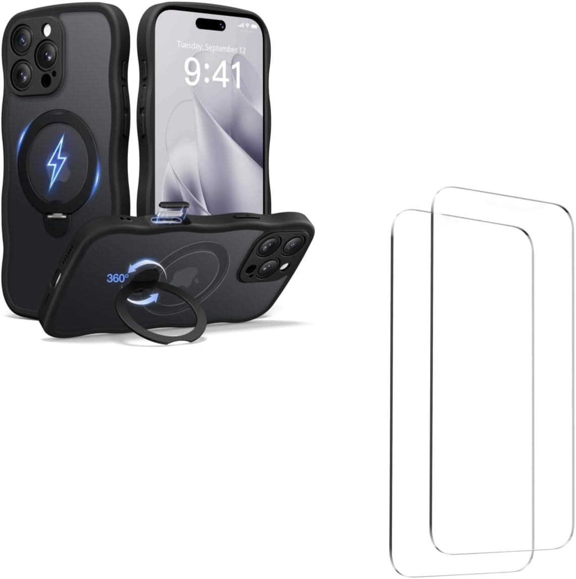 CAPRARO for iPhone 16 Pro Case Stand Black with 2X Screen Protectors Bundle
