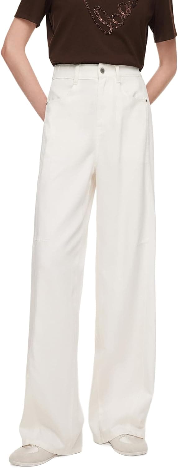 GOELIA Women Lyocell Cotton Blend Curved-Leg Jeans High Waist Elastic Waist Wide Leg Denim Pants