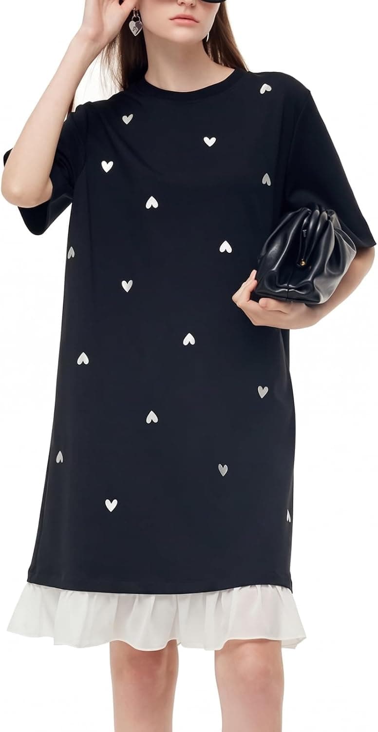 GOELIA Women's Black Heart Print T-Shirt Mini Dress with White Ruffle Hem Summer Cotton Short Sleeve Casual Knit Dresses