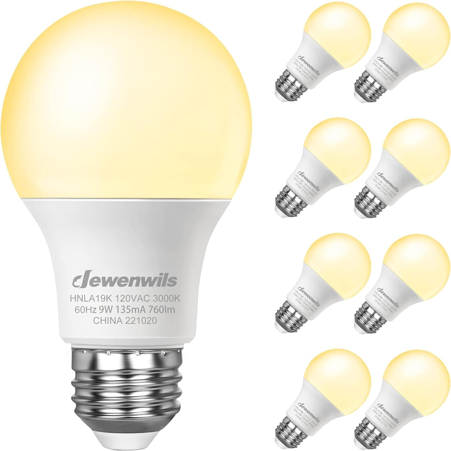 DEWENWILS 8-Pack A19 LED Light Bulbs, 760LM, 3000K Warm Light Bulbs, Energy Saving E26 LED Bulb 60 Watt, Non Dimmable Light Bulb, UL Listed