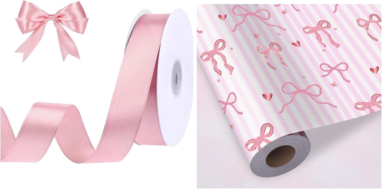 1 Inch 50 Yards Pink Ribbon with 1 Pink Wrapping Paper Roll