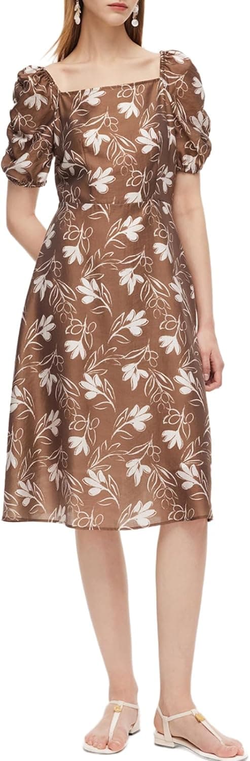 GOELIA Women Bubble Hem Midi Dress 2026 Puff Sleeve Square Neck Dress Acetate Blend Casual Floral Dresses with Scrunchie