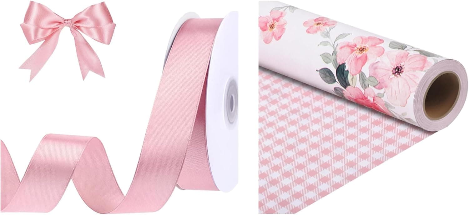 1 Inch 50 Yards Pink Ribbon with Reversible Floral Wrapping Paper Roll