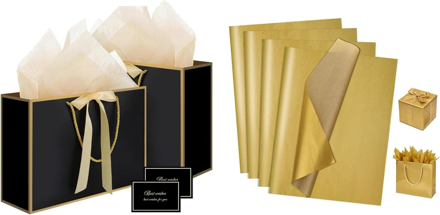 woric Black Gift Bags with 110 Sheets Gold Tissue Paper