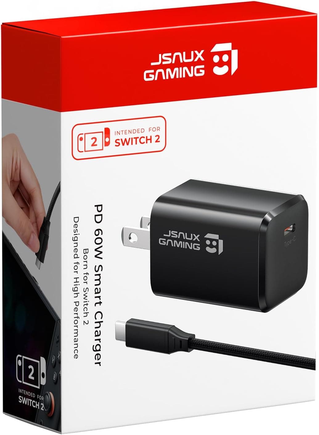 JSAUX 60W USB C Charger for Nintendo Switch 2 Support TV Mode, Portable GaN Charger with 6.6ft Cable, Fast Charging Compatible with Nintendo Switch/ROG Xbox Ally/Steam Deck/ROG Ally/iPhone 17