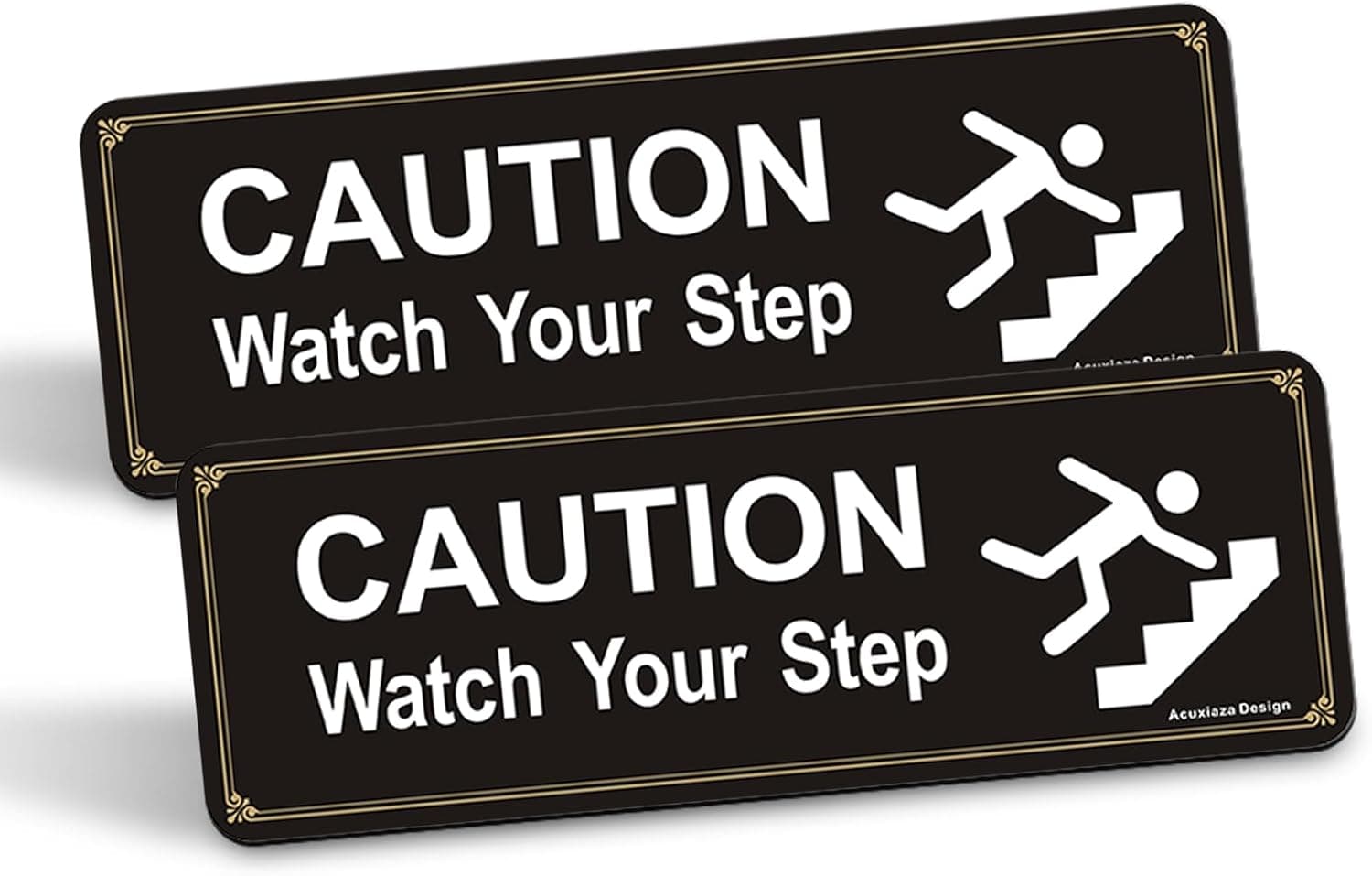 2 Pack Watch Your Step Sign 9"x3" Watch Your Step Sticker Acrylic Self Adhesive Warning Sign Thick for Home Business Restaurants Offices, Black and Gold, Easy to Mount