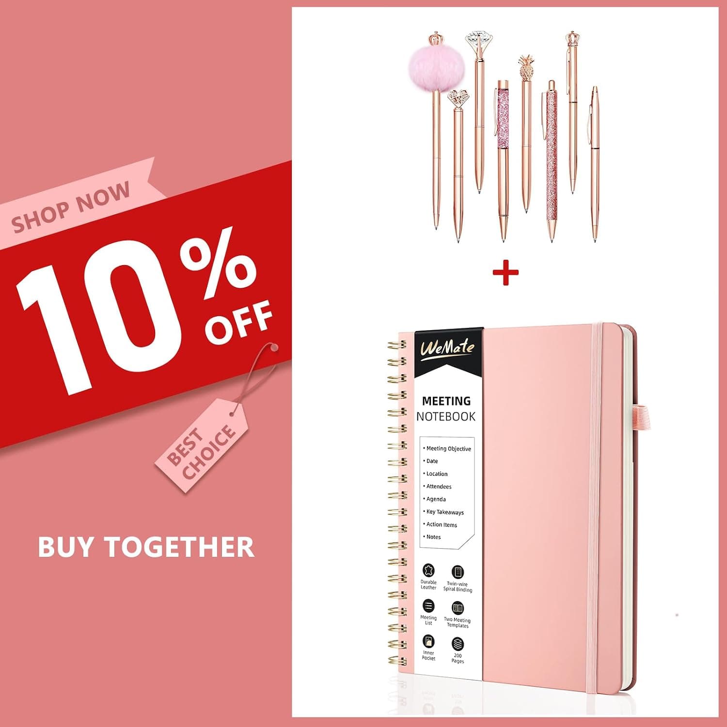 WEMATE Meeting Notebook for Work with Action Items + 8Pcs Ballpoint Pens Set