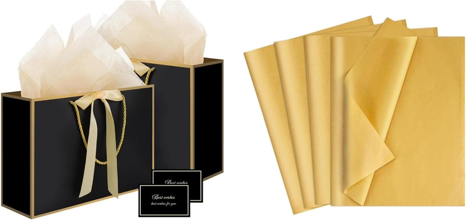 woric Black Gift Bags with Handles &160 Sheets Gold Tissue Paper