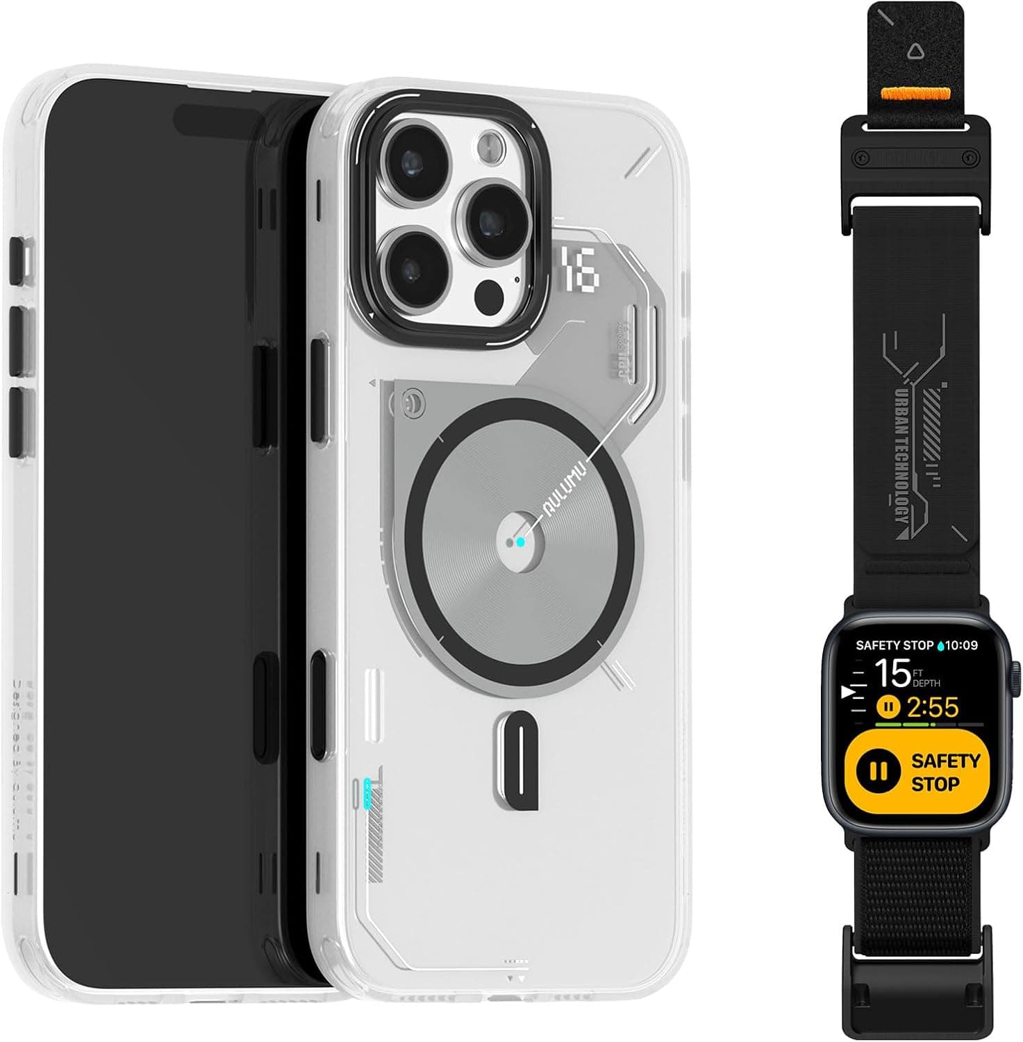 Aulumu A16 Thermal [Touch Translucent White] for iPhone 16 Pro Max + A11 Velvet Nylon Braid for Apple Watch [Cool Black] | Smart Wearable Kit