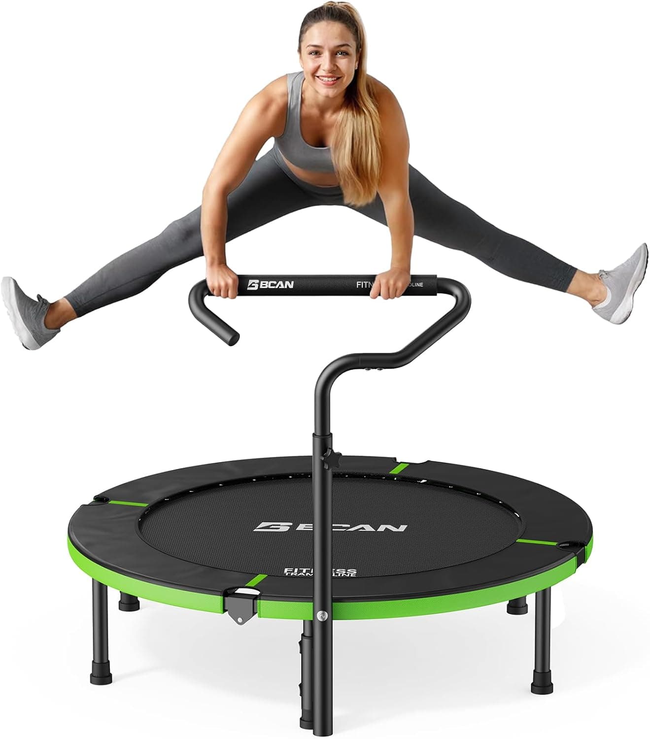 BCAN SP3 40"/48" Foldable Mini Trampoline, Rebounder Trampoline for Adults, U/T Adjustable Foam Handle, Exercise Rebounder for Adults Indoor/Garden Workout, Max Load 330lbs/440lbs-40T-Green