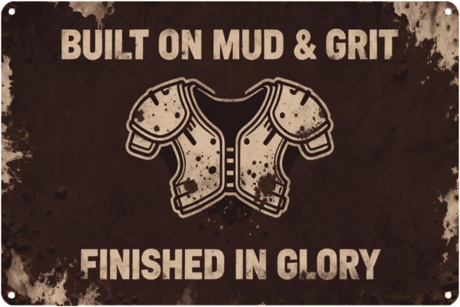 Football Metal Wall Sign - BUILT ON MUD & GRIT Medieval Armor Plaque, 8x12 Inch Aluminum Decor for Man Cave, Garage, Bar