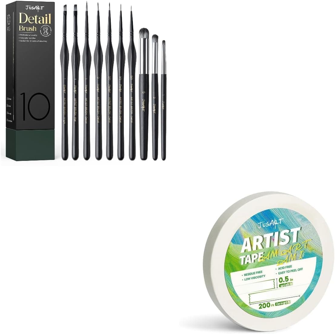 JusArt 10pc Brush Set & 1/2″x200FT Artist Tape for Watercolor, Acrylic, Canvas