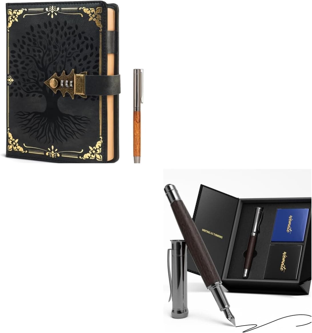 WEMATE Locked Journal with Pen & Gift Box+Wood Fountain Pen with Ergonomic Grip