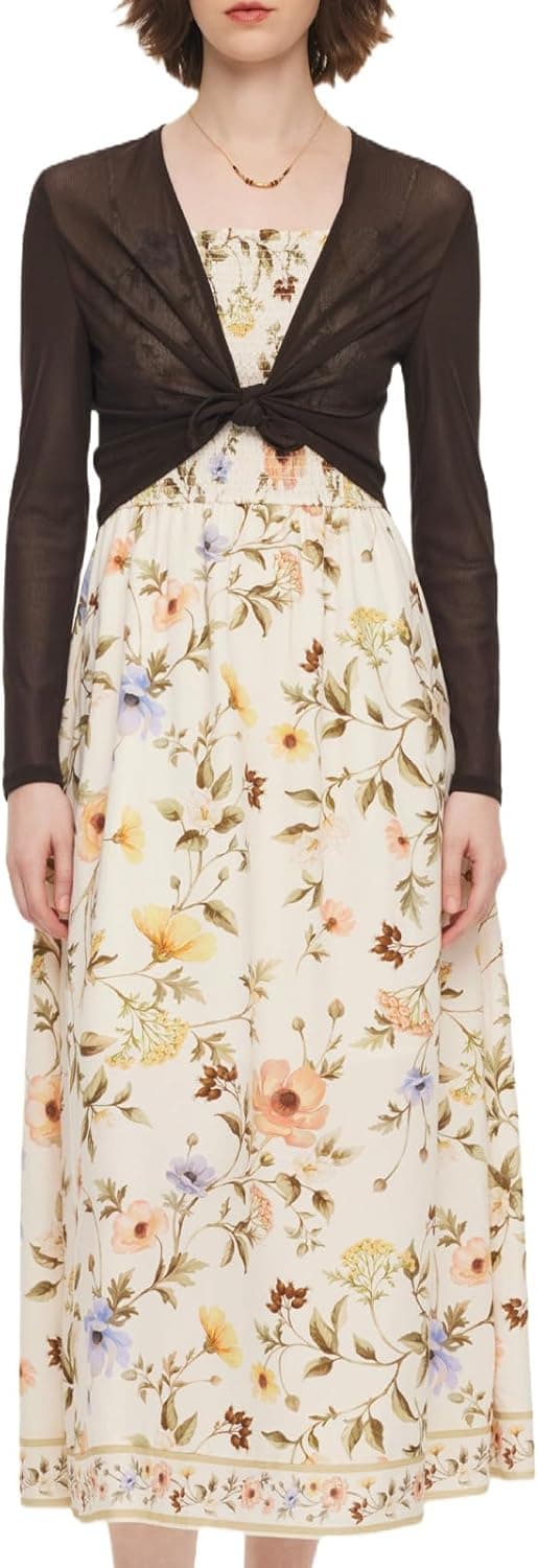GOELIA Floral Print Strap Midi Dress and Cardigan Two Piece Set Summer Beach Vacation Sundress with Lightweight Cardigan