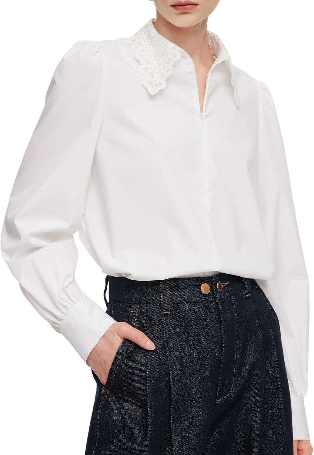 GOELIA Blouses for Women Dressy Casual Women's Lace Collar Half-Zip Long Sleeve Pullover Blouses for Business Old Money