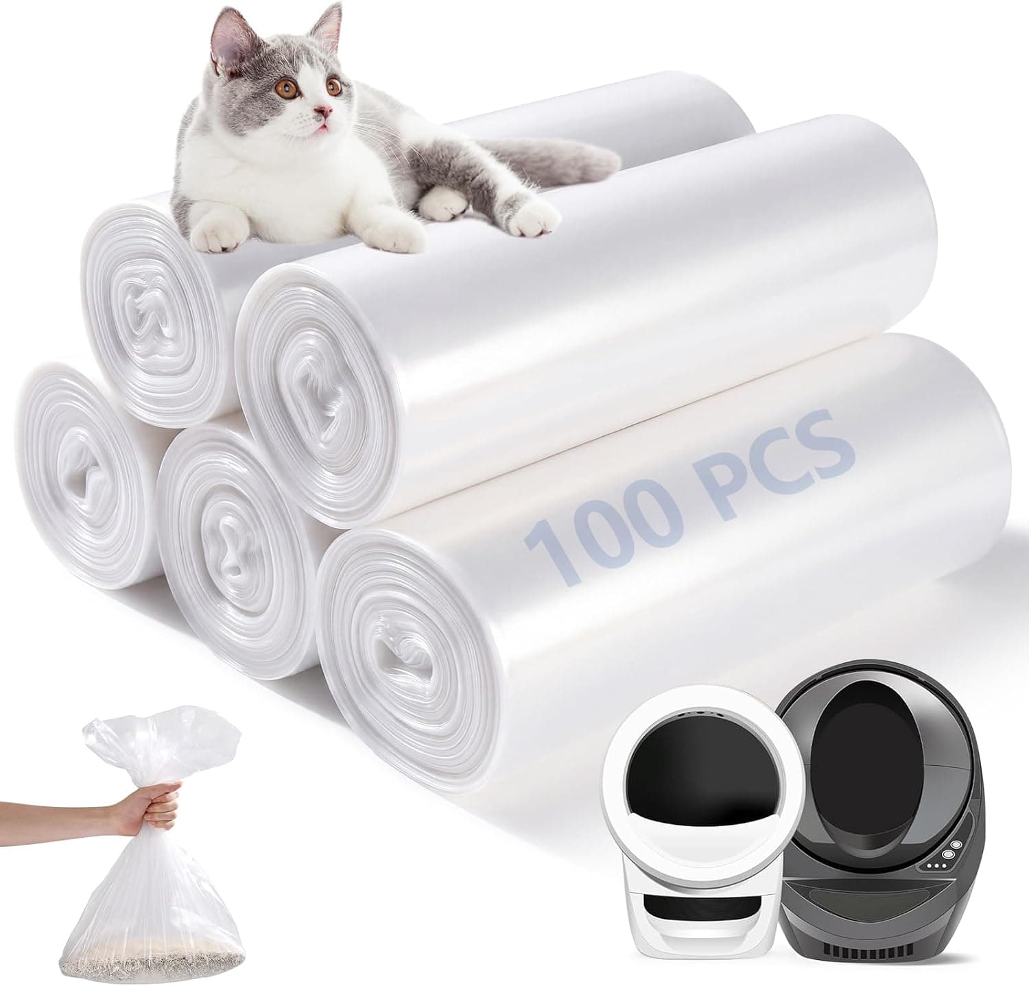 100Pack Cat Litter Box Waste Bags Compatible with Robot 4/5/3, Automatic Litter Box Liners Bags, Transparent Replacement Cat Litter Bags, 9-11 Gallon Capacity