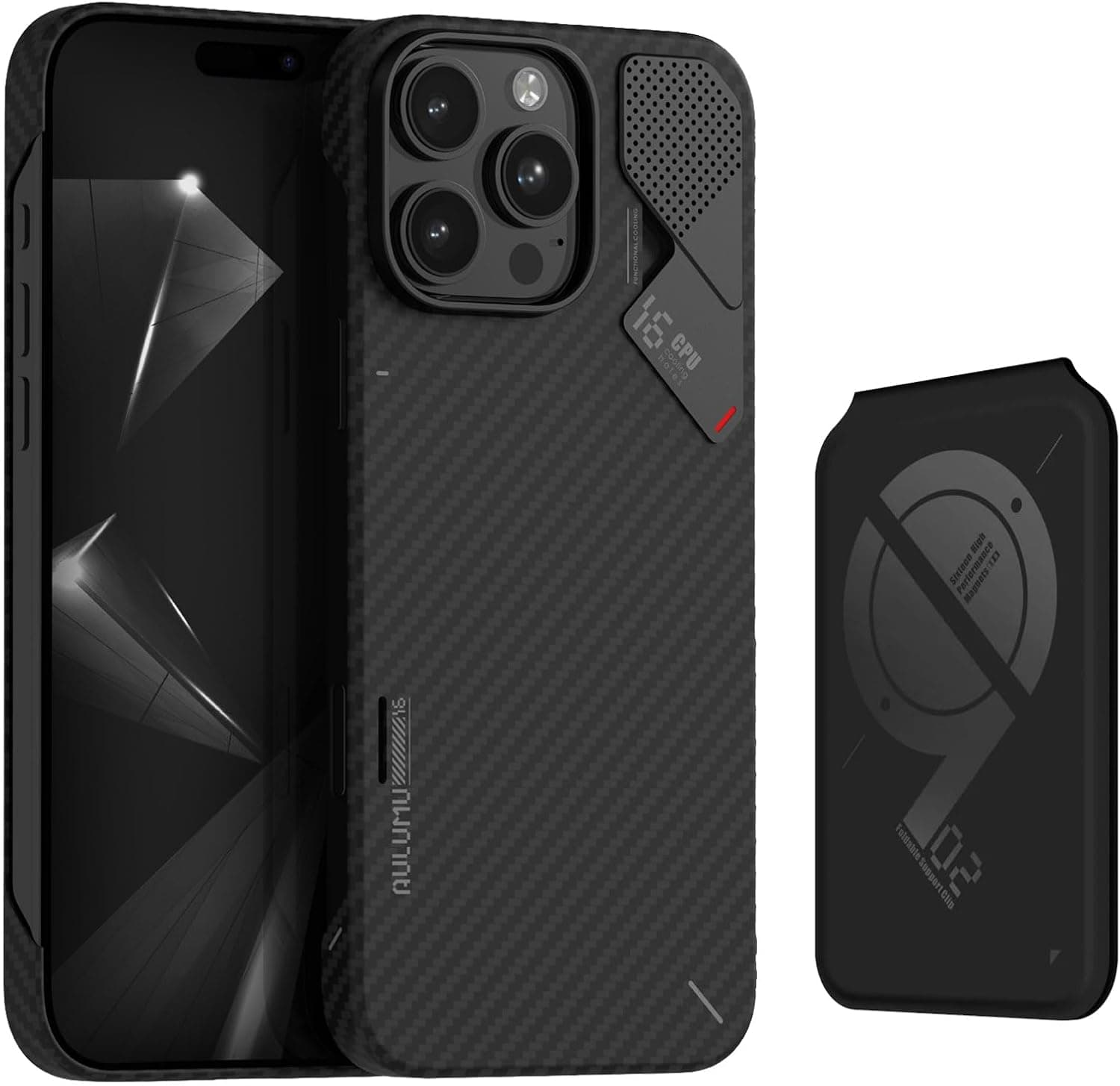 Aulumu A16 Aramid Fiber + G02 V2 Magnetic Wallet [Black] for iPhone 16 Pro Max | Comforts Magnetic Card Holder Kit