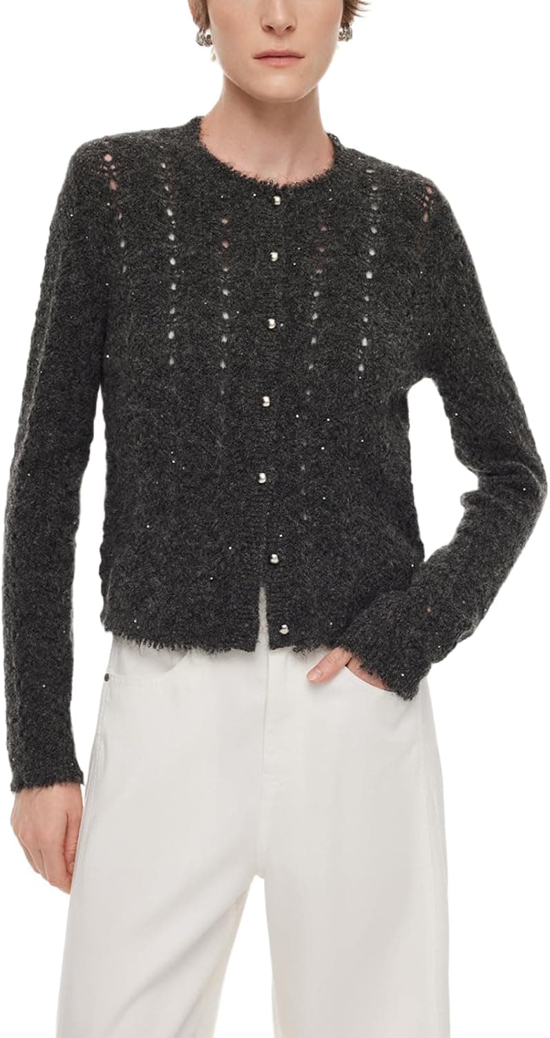GOELIA Women Alpaca Wool Blend Cardigan Sequin Pointelle Knit Sweater with Frayed Edges