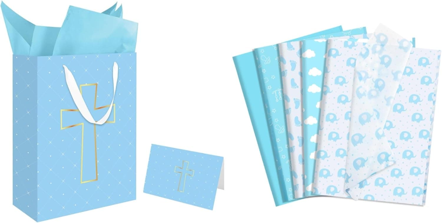 woric Baptisms Sets 14" Blue Gift Bag with 122 Sheets Blue Tissue Paper Bulk for Baby Boy Baptisms