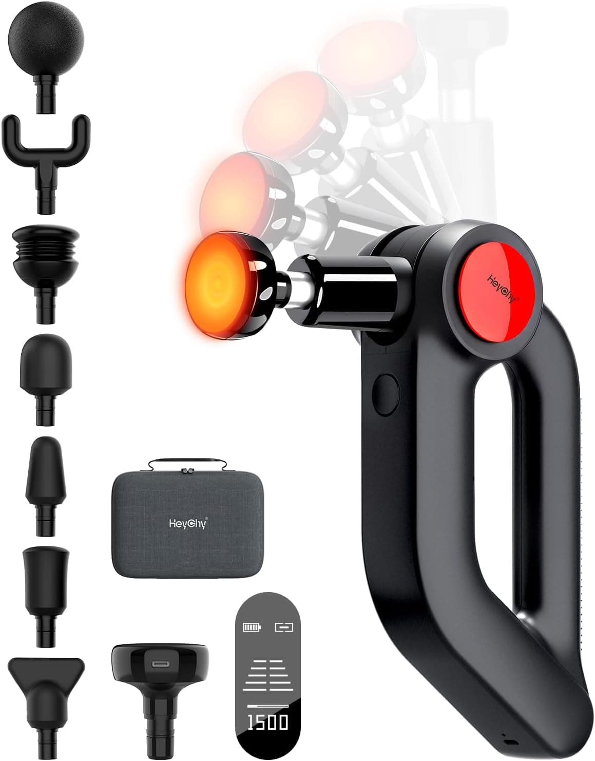 HEYCHY Massage Gun Deep Tissue with Heat Therapy, 12mm Amplitude Muscle Massager for Athletes, 5 Speeds & 4 Modes Massager Gun for Neck Back Shoulder Leg Pain Relief - Perfect for Men, Black