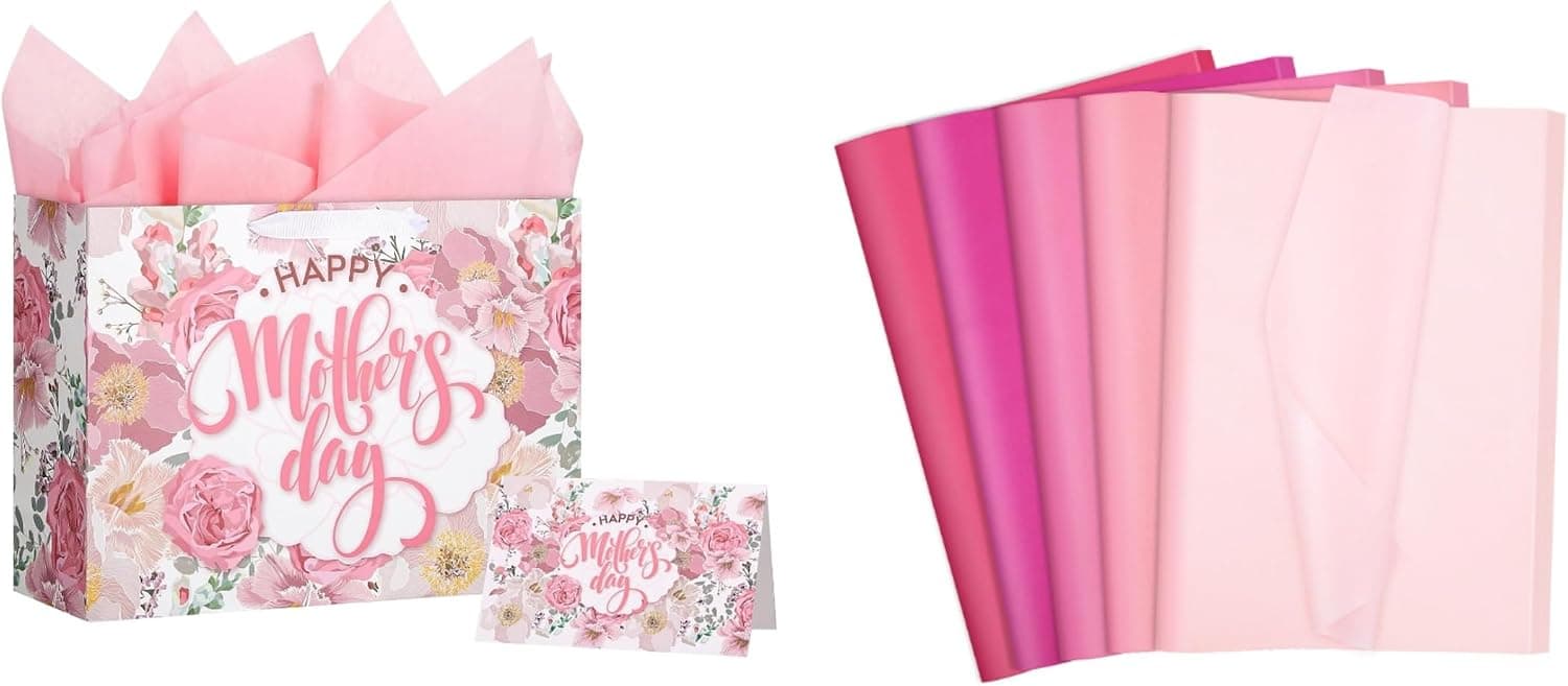 woric Mother’s Day Sets 14.5" Pink Gift Bag with 122 Sheets Pink Tissue Paper Bulk for Moms Grandmas Wife