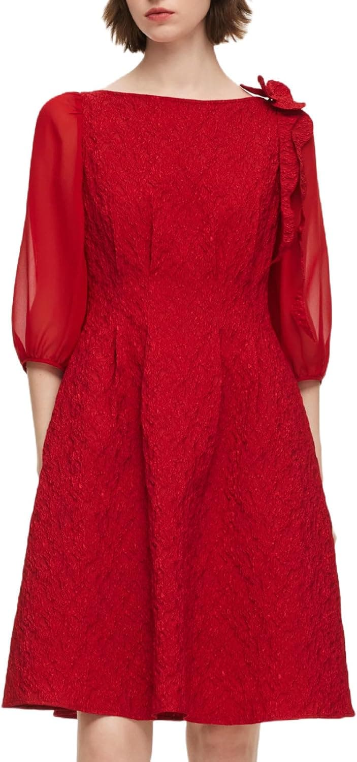 GOELIA Summer Casual Dresses for Women 2026 Spring Fashion Red Jacquard Boat Neck Midi Dress with Detachable Flower
