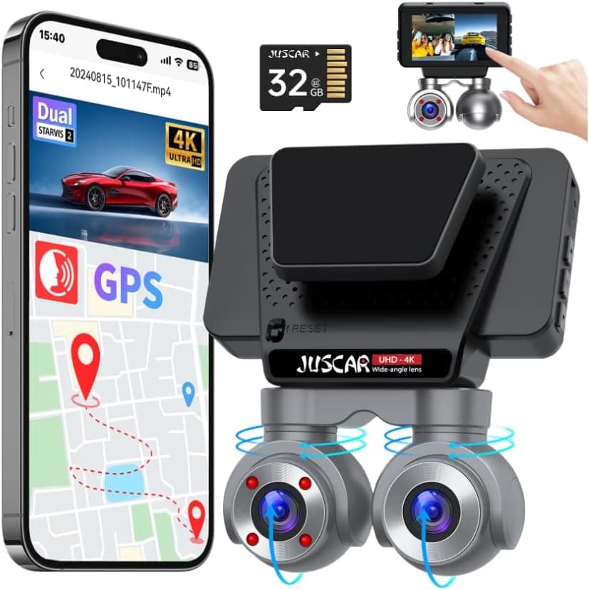 Dual Dash Cam with WiFi & GPS, 4K+1080P Front and Inside, Dual 360° Rotatable Front Cams Dash Camera, Voice Control, 32GB Card Included, 3" Touch Screen, Support 512GB Max