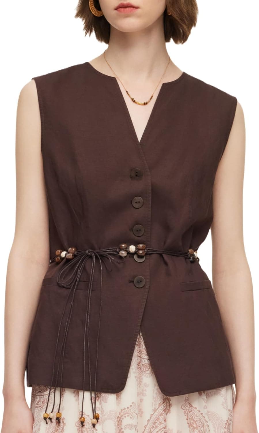 GOELIA Summer Casual Sleeveless Suit Vest for Women Linen Blend V-Neck Vest Tops Button Down Work Business Waistcoat