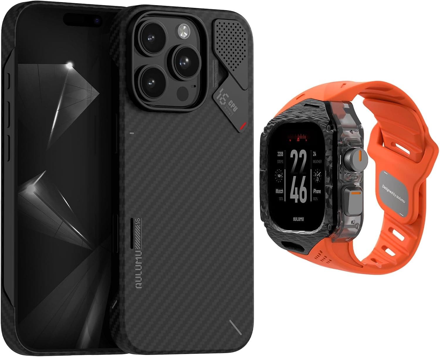 Aulumu A16 Aramid Fiber for iPhone 16 Pro + A01 Carbon Fibre Case with Apple Watch Ultra Band 49MM[Orange] Luxury Set